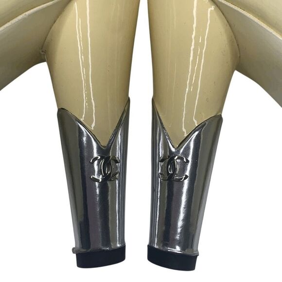 Chanel Interlocking CC Logo Peep Toe Patent Leather Heels EU 37.5 Yellow Pumps - Picture 11 of 14